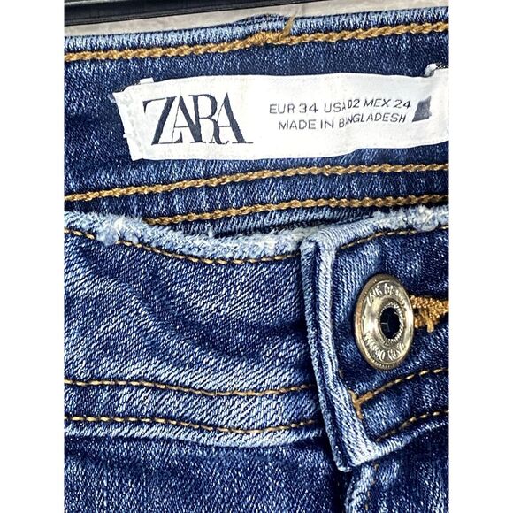 ZARA Cotton Skinny Mid Rise Distressed Stretch Casual Jean Hem Side Slits 2 Blue - Picture 8 of 15